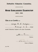 Derbyshire Education Committee Minor Scholarship Examination Certificate July 1920