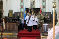 The Church officials, Guides, Scouts and Army Cadet Force preparing for the Procession to leave to church.