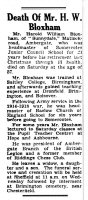 Newspaper article on the passing of Mr.H. W. Bloxham Head Master of Somercotes junior School for 21 years