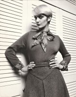 Model, modeling the new range of Dalkeith's 1975 knitwear