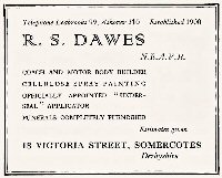 Newspaper Advertisement for R. S. Dawes Coach and Motor body repairs also funeral undertakers Victoria Street, Somercotes.