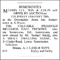 Newspaper cutting for the sale of the Billiard Hall on Somercotes Hill date not known