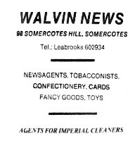 Newspaper Advertisement for Walvin News Newsagents & Tobacconist 98 Somercotes Hill on the corner of Quarry Road.
