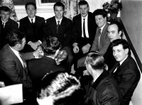 The Bar area of the new Rifle Volunteer on the opening day in 1965. J. W. Andrews and staff enjoying a drink on the opening day of the new Rifle Volunteer. Left to Right: George Hayes, George Calladine, Ray Wilson, Alan Atter, Harry Coupe, Keith Hopkinson, Colin Bailey Left front Jack Walters.