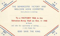 Invitation to the VJ day celebrations in the Salvation Army Hall from the Somercotes Victory and Welcome Home Committee 11th October 1945.