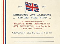 Invitation by the Somercotes and Leabrooks Welcome Home Committee for a Reception and Gift Distribution in the Church Hall, Somercotes, on 8th May 1946.