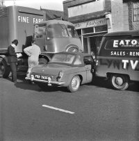 A Fine Fair runaway lorry sandwiches a Â£1000 car on Somercotes Hill 01.10.1967, Ripley & Heanor Newspaper Photograph.