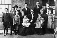 TThis photograph was taken about 1900 of the Webster family. Henry (1851-1929) and Mary Jane Webster (1854-1913) had 12 children born and 11 survived. Henry was a Lead Miner in Elton until the family moved to Swanwick about 1899 / 1900 where he and his sons worked in the local mines or foundries. In 1901 The Webster family lived at 16, Derby Road, Swanwick. When the children grew up the majority of them lived in Somercotes and the surrounding villages.
