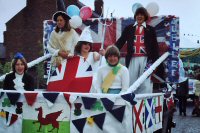 Silver Jubilee Float representing the United Kingdom, Rule Britannia and flags of England. Ireland, Scotland and Wales
