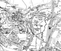 Detailed map of Pye Bridge and Ironworks, showing Canal, Railways, Gas Works, Old Mine Shafts and Stations