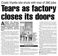Newspaper announcement of the closure of the Dalkeith (then Coats Viyella Knitwear factory)