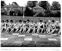 Swimwear parade by employees of Everlastic at the opening of Alfreton Lido on 15th May 1964.