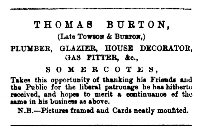 Newspaper advertisement for Thomas Burton Plumber, Glazier, House Decorator & Gas Fitter Somercotes.