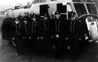 Somercotes Fire Engine URB 87 and the Fire Engine Crew. This was an F/8 Pump Appliance made by Dennis and powered by Rolls Royce. Left to right: L/Fireman John Clarke; F/M George Plant; Dennis Parker; Harry May; John Holmes; Sub-Officer Bill Padley [Officer in Charge]