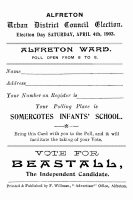 Invetation to vote for George Beastall in the Urban District Council Elections, Alfreton Ward, at Somercotes Infants School on the 4th April 1903.
