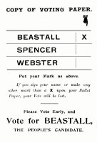 Invitation to vote for George Beastall in the Urban District Council Elections, Alfreton Ward, at Somercotes Infants School on the 4th April 1903. Ballot paper reproduction on revers of invitation to vote for George Beastall.