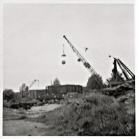 Magnetic crane at Stanton Iron Works used for breaking up old castings circa 1960's