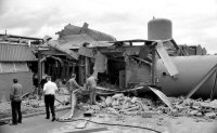 Firemen and works at the Plyglass factory fire on the Cotes Park Industrial Estate, date not known. Ripley & Heanor Newspaper photograph.