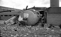 The remains after a fire had been put out at the Plyglass works on the Somercotes Industrial Estate. Ripley & Heanor Newspaper photograph date not known.