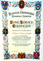 Certificate of long service awarded to William Thomas Sumpter, for Fifty One Years service at the Stanton Ironworks.