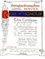 Nottingham Evening Post Long Service Roll of Honour awarded to J. Sumpter for Forty Three Years service at Stanton Ironworks on the 21st October 1925.